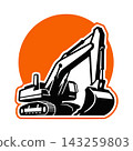 Excavator Heavy Equipment Silhouette with Orange Sun Badge Flat Vector Emblem for Construction and Mining Business 143259803