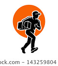 Delivery Courier Running with Package and Orange Sun Badge Flat Vector Emblem for Logistics and Shipping Service 143259804