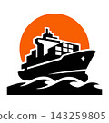 Cargo Ship Silhouette with Containers and Orange Sun Badge Flat Vector Emblem for Maritime and Freight Business 143259805