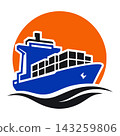 Cargo Ship with Containers and Orange Sun Badge Flat Vector Emblem for Logistics, Shipping, and Maritime Business 143259806