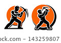 Mining Worker Silhouette Set with Pickaxe and Shovel on Orange Sun Background Flat Vector Emblem for Mining Industry 143259807