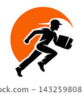 Running Delivery Courier Carrying Package on Orange Sun Flat Vector Emblem for Express Shipping and Logistics Service 143259808