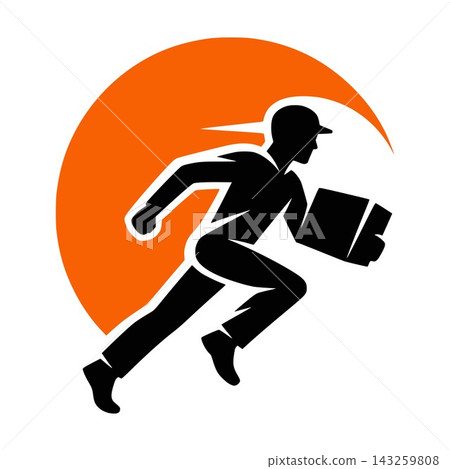 Running Delivery Courier Carrying Package on Orange Sun Flat Vector Emblem for Express Shipping and Logistics Service Running Delivery Courier Carrying Package on Orange Sun Flat Vector Emblem for Express Shipping and Logistics Service 143259808