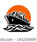 Container Ship with Cargo on Waves and Orange Sun Badge Flat Vector Emblem for Logistics and Freight Business 143259809
