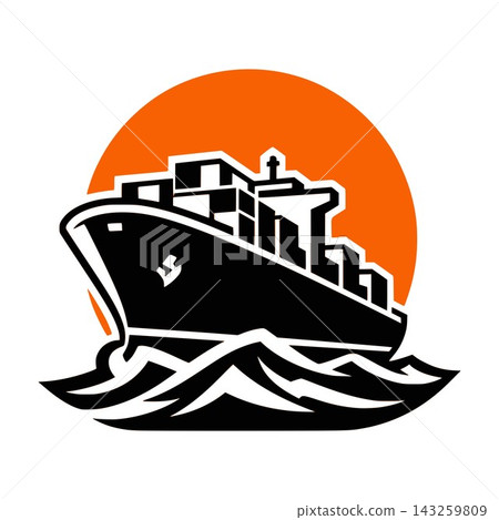 Container Ship with Cargo on Waves and Orange Sun Badge Flat Vector Emblem for Logistics and Freight Business Container Ship with Cargo on Waves and Orange Sun Badge Flat Vector Emblem for Logistics and Freight Business 143259809