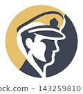Ship Captain Portrait with Peaked Cap on Gold and Navy Circle Flat Vector Emblem for Maritime and Nautical Business 143259810