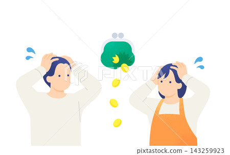 A couple struggling with household finances as money leaks from a wallet with a hole in it; illustration of people suffering from the high cost of living. A couple struggling with household finances as money leaks from a wallet with a hole in it; illustration of people suffering from the high cost of living. 143259923