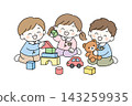 An illustration of three preschool children happily playing with building blocks and stuffed animals. (Image of indoor playtime at a nursery or kindergarten.) 143259935