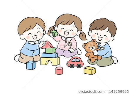 An illustration of three preschool children happily playing with building blocks and stuffed animals. (Image of indoor playtime at a nursery or kindergarten.) An illustration of three preschool children happily playing with building blocks and stuffed animals. (Image of indoor playtime at a nursery or kindergarten.) 143259935