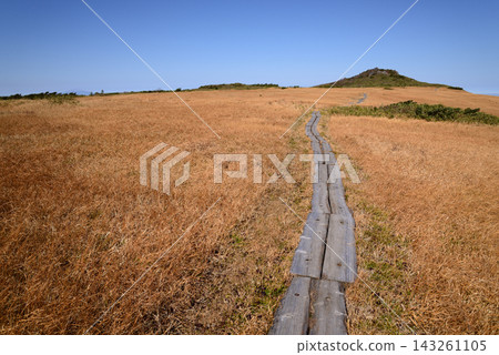 深秋時節,栗駒山沐浴在絢麗多彩的秋日天空中,一條木棧道橫跨在鬱鬱蔥蔥的草地上。 深秋時節,栗駒山沐浴在絢麗多彩的秋日天空中,一條木棧道橫跨在鬱鬱蔥蔥的草地上。 143261105