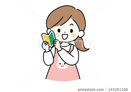 An illustration of a new nursery school teacher/kindergarten teacher smiling and showing off a beginner's mark. An illustration of a new nursery school teacher/kindergarten teacher smiling and showing off a beginner's mark. 143261106