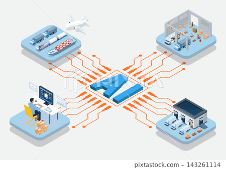 AI Smart Factory and Logistics Automation Isometric Industrial Technology Illustration 143261114