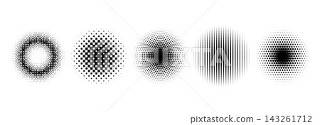 Halftone dotted circle shape collection. Black round gradient pattern set. Pixelated radial texture frame pack. Fading comic pop art elements. Vector circular raster bitmap spots for poster, collage Halftone dotted circle shape collection. Black round gradient pattern set. Pixelated radial texture frame pack. Fading comic pop art elements. Vector circular raster bitmap spots for poster, collage 143261712