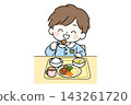 Illustration of a boy smiling and eating his side dishes during lunchtime | A fun mealtime scene at a nursery school or kindergarten 143261720