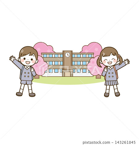 進入校園：小學生、學校和櫻花 143261845