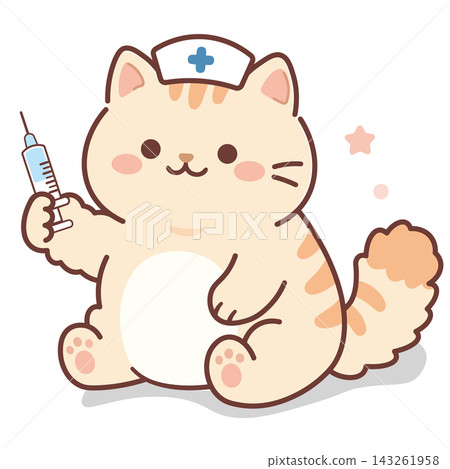 可愛的護士貓插畫，手裡拿著注射器（接種疫苗，疫苗，醫療，流感） 143261958