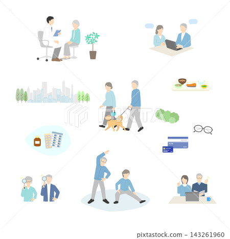 一套簡潔的老年人生活方式插圖向量圖 一套簡潔的老年人生活方式插圖向量圖 143261960