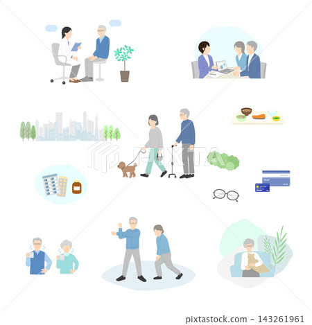一套簡潔的老年人生活方式插圖向量圖 一套簡潔的老年人生活方式插圖向量圖 143261961