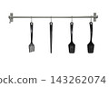 Set of Vintage kitchen utensil hanging on white background. 143262074