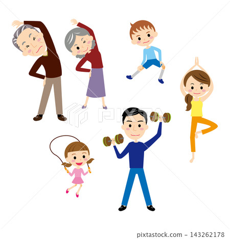 A set of illustrations depicting a three-generation family doing exercises and strength training, focusing on gymnastics and fitness. 143262178