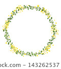 A watercolor-painted illustration frame of a mimosa and eucalyptus wreath. 143262537