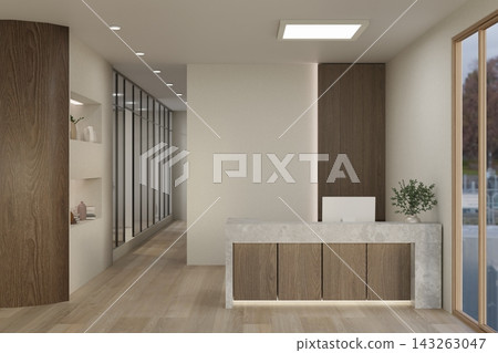 Marble reception desk with wooden cabinets, computer, plant and glass wall in parquet hallway. Marble reception desk with wooden cabinets, computer, plant and glass wall in parquet hallway. 143263047