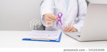 Doctor give purple ribbon for concept of Violence, Pancreatic, Esophageal, Testicular cancer, Alzheimer, Epilepsy, Lupus, Crohn, Sarcoidosis and Fibromyalgia. Awareness month and cancer day Doctor give purple ribbon for concept of Violence, Pancreatic, Esophageal, Testicular cancer, Alzheimer, Epilepsy, Lupus, Crohn, Sarcoidosis and Fibromyalgia. Awareness month and cancer day 143263099