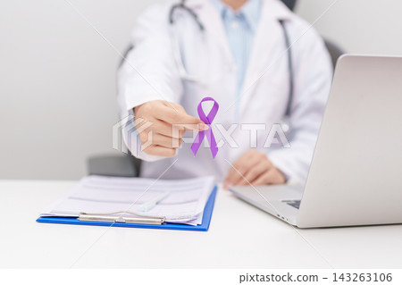 Doctor give purple ribbon for concept of Violence, Pancreatic, Esophageal, Testicular cancer, Alzheimer, Epilepsy, Lupus, Crohn, Sarcoidosis and Fibromyalgia. Awareness month and cancer day Doctor give purple ribbon for concept of Violence, Pancreatic, Esophageal, Testicular cancer, Alzheimer, Epilepsy, Lupus, Crohn, Sarcoidosis and Fibromyalgia. Awareness month and cancer day 143263106