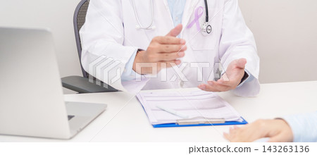Doctor and patient having a medical consultation for light purple ribbon for concept of All cancer, April Esophageal Cancer, November gastric and Stomach cancer, Hodgkin Lymphoma and World cancer day Doctor and patient having a medical consultation for light purple ribbon for concept of All cancer, April Esophageal Cancer, November gastric and Stomach cancer, Hodgkin Lymphoma and World cancer day 143263136