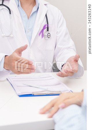 Doctor and patient having a medical consultation for purple ribbon for concept of Violence, Pancreatic, Esophageal, Testicular cancer, Alzheimer, Epilepsy, Lupus and Fibromyalgia. Awareness month Doctor and patient having a medical consultation for purple ribbon for concept of Violence, Pancreatic, Esophageal, Testicular cancer, Alzheimer, Epilepsy, Lupus and Fibromyalgia. Awareness month 143263140