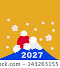 An illustration of Mount Fuji, a symbol of Japan, with cherry blossoms fluttering down, and a family of four sheep, the zodiac animal for 2027. 143263155