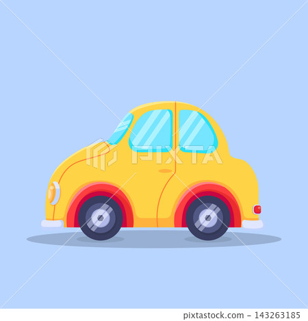 Cute Yellow Vintage Car Cartoon Illustration on Blue Background Cute Yellow Vintage Car Cartoon Illustration on Blue Background 143263185