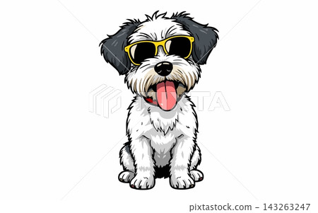 Cute Fluffy Dog Sitting and Wearing Yellow Sunglasses Vector Illustration 143263247