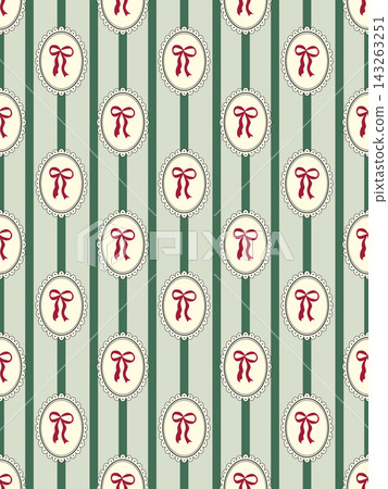 Vintage red ribbon bow seamless pattern on green striped background. Retro Christmas oval frame illustration for wallpaper, wrapping paper, or textiles. Vintage red ribbon bow seamless pattern on green striped background. Retro Christmas oval frame illustration for wallpaper, wrapping paper, or textiles. 143263251