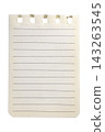 Cream colored sheet of paper torn from a notebook, featuring perforation and horizontal ruling 143263545