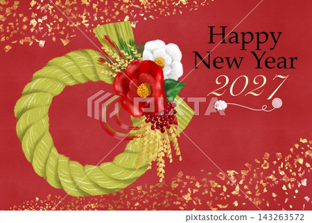 新年賀卡模板,以紅色為背景,飾以注連繩新年裝飾和金箔點綴。 新年賀卡模板,以紅色為背景,飾以注連繩新年裝飾和金箔點綴。 143263572