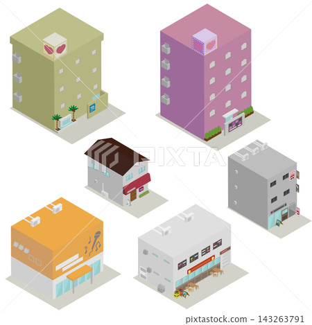 一組構成等距視角娛樂區的各種建築物。 一組構成等距視角娛樂區的各種建築物。 143263791