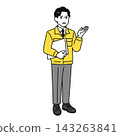 A full-body illustration of a man in work clothes giving an explanation. 143263841