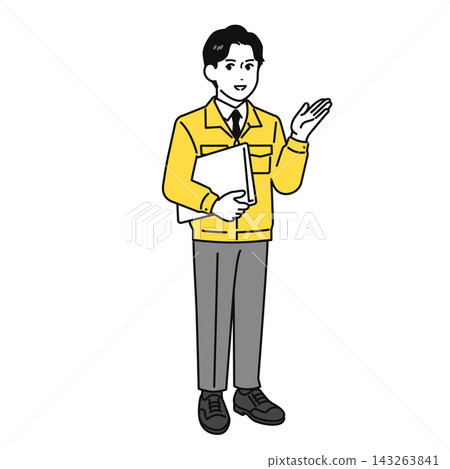 一幅身穿工作服的男子全身像，正在講解。 143263841