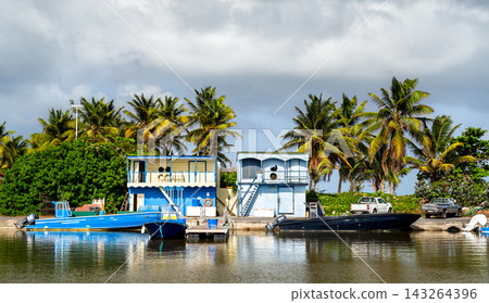 Boats docked along the harbor with colorful coastal cabins and palm trees at Port de la Desirade in Guadeloupe. Boats docked along the harbor with colorful coastal cabins and palm trees at Port de la Desirade in Guadeloupe. 143264396