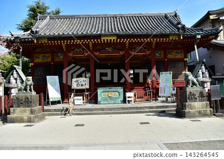 春日的日本東京淺草：淺草神社（又稱三社大人），古老的正殿，守護獅犬，以及美麗的藍天。 143264545