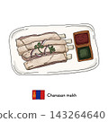 Line drawing illustration of Chansanmakh, a traditional Mongolian dish of boiled lamb in salt water. Suitable for use in world cuisine and product exhibitions. 143264640