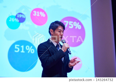 A Japanese man gives a presentation with a microphone in front of a screen. A Japanese man gives a presentation with a microphone in front of a screen. 143264732