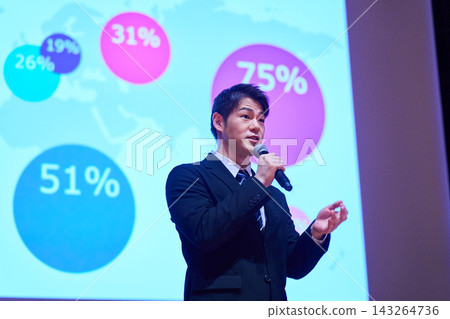 A Japanese man gives a presentation with a microphone in front of a screen. A Japanese man gives a presentation with a microphone in front of a screen. 143264736