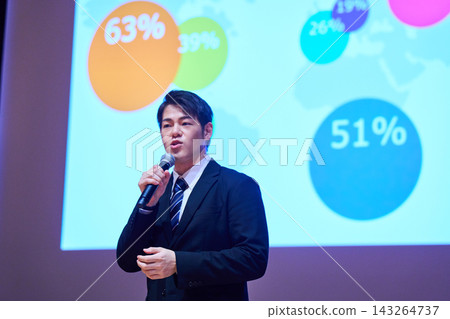 A Japanese man gives a presentation with a microphone in front of a screen. A Japanese man gives a presentation with a microphone in front of a screen. 143264737
