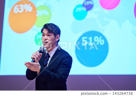 A Japanese man gives a presentation with a microphone in front of a screen. A Japanese man gives a presentation with a microphone in front of a screen. 143264738