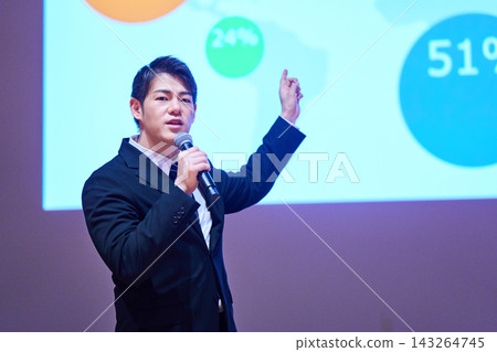 A Japanese man gives a presentation with a microphone in front of a screen. 143264745