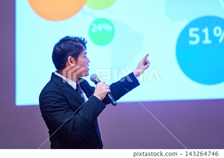A Japanese man gives a presentation with a microphone in front of a screen. A Japanese man gives a presentation with a microphone in front of a screen. 143264746