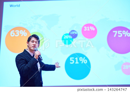 A Japanese man gives a presentation with a microphone in front of a screen. A Japanese man gives a presentation with a microphone in front of a screen. 143264747
