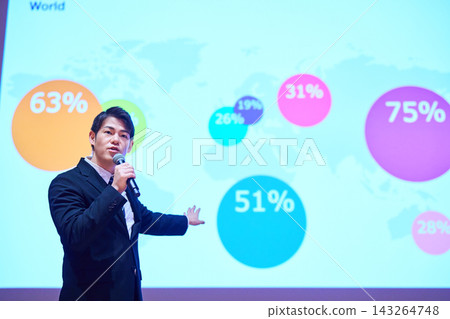 A Japanese man gives a presentation with a microphone in front of a screen. A Japanese man gives a presentation with a microphone in front of a screen. 143264748